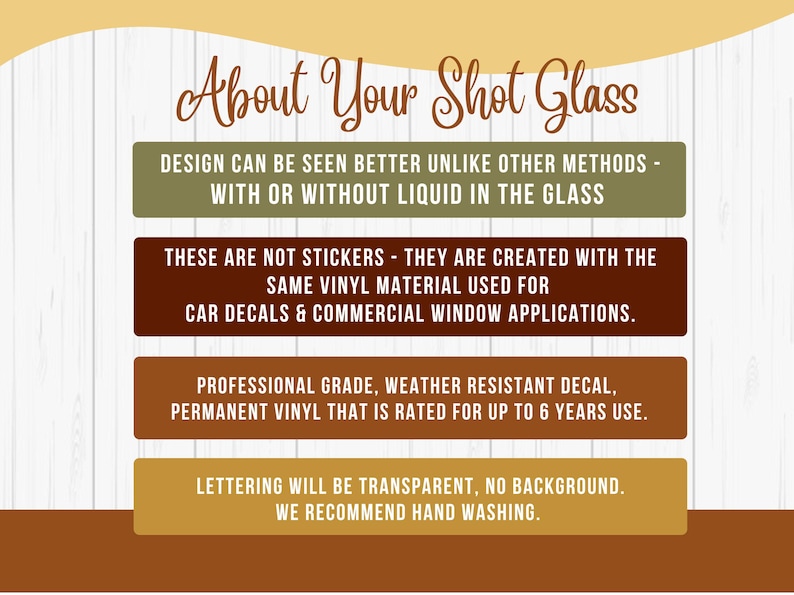 Op de afbeelding: Een informatieve afbeelding getiteld About Your Shot Glass met vier horizontale rechthoekige tekstvakken in olijfgroen, donkerbruin, roest en beige. De tekst vermeldt dat de ontwerpen zijn gemaakt van weerbestendig vinyl van professionele kwaliteit.