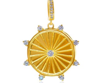 Colgante de disco estriado con diamante en oro macizo de 14k, collar de estrella