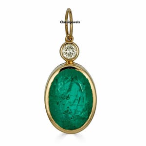 Handmade 14k Yellow Gold Emerald Diamond Pendant