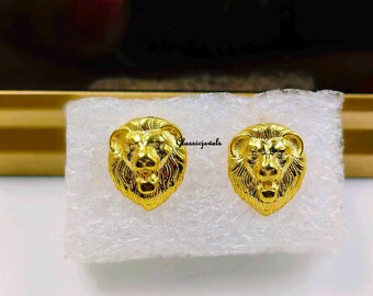 14K Gold Lion Head Stud Earrings: Tiny Leo Zodiac Jewelry