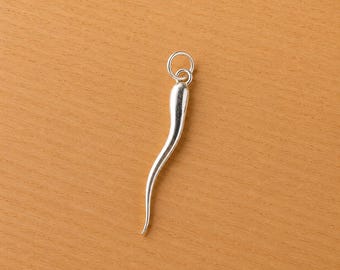 925 Sterling Silver Italian Horn Pendant Necklace: Handmade Charm (40mm)