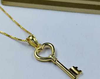 Sterling Silver Heart Key Necklace, Gold Love Key Charm