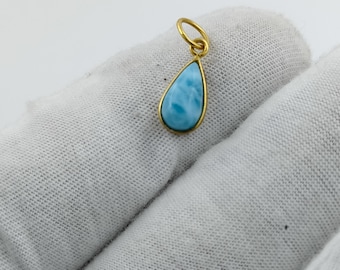 14k Gold Larimar Pear Charm: Handmade Bezel Pendant