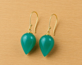 14k Gold Green Onyx Teardrop Earrings: Handmade Dangle Pear Cut