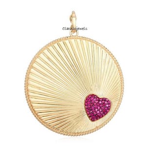 14k Gold Fluted Medallion Charm: Ruby Heart, Handmade Pendant