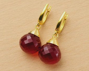 Sterling Silver Ruby Dangle Earrings: Teardrop Briolette, July Birthstone