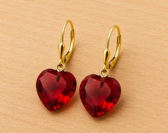 14K Solid Gold Ruby Heart Drop Earrings: July Birthstone, Bridal Jewelry