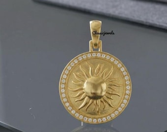 14K Gold Diamond Sunburst Pendant, Celestial Necklace