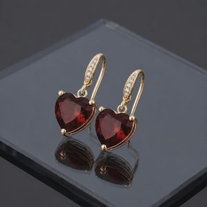 Heart Garnet Hoop Earrings, 14K Gold Vermeil, Lab-Created Gemstone, Vintage Style