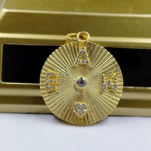 Diamond Fluted Disc Pendant, 14k Gold Natural Diamonds Initial Pendant, Personalize Pendant, Round Disc Alphabet Charm, Pendant For Necklace