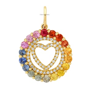 Ciondolo a forma di cuore con zaffiri multipli in oro 14 carati: ciondolo con sole in diamanti