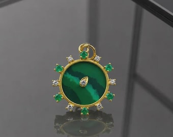 Handmade 14k Gold Malachite Pendant, Emerald & Diamond Accent