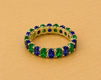 ブルーサファイアとエメラルドのエタニティリング：925スターリング