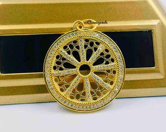14k Gold Medieval Cathedral Rose Window Diamond Pendant