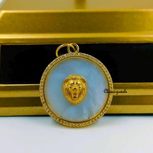 14k Gold Diamond Lion Pendant: Mother of Pearl Necklace