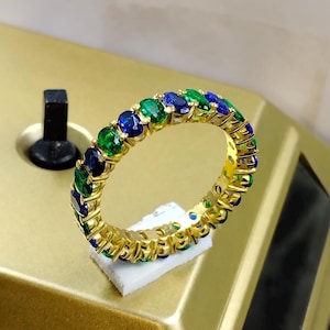 Blue Sapphire Emerald Eternity Band: 925 Silver 14k Gold Fill
