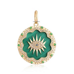 Vintage 14k Yellow Gold Malachite Pendant,Evil Eye Diamond Halo Disk Charm,Victorian Necklace,Wedding Anniversary Gift,Handmade Gift