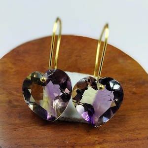 14K Gold Ametrine Heart Earrings, Purple Yellow Ametrine Earrings, Bicolor Ametrine Earrings, Statement Earrings, Heart Shape Stone Earrings
