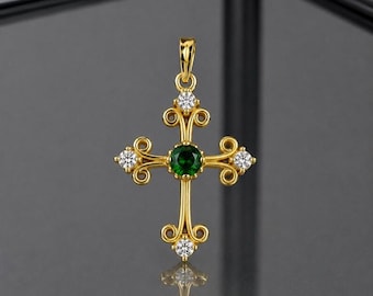 Emerald Cross Pendant, 925 Silver, 14k Gold Fill, Handmade Gemstone Charm