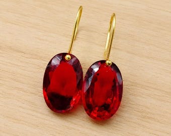 14K Solid Gold Garnet Earrings, Oval Gemstone Dangle Drop, Oval Cut Red Garnet Earring, January Birthstone Gift, Women Delicate Gold Jewelry