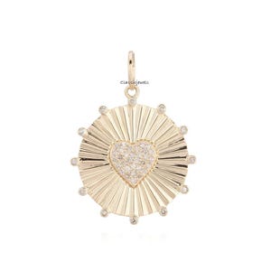 14k Gold Diamond Heart Pendant: Sunburst Fluted Disk Charm