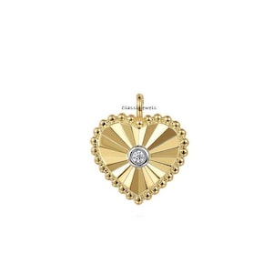 14k Solid Gold Fluted Heart Charm Pendant, Designer 14k Yellow Gold Diamond Fluted Heart Charm, Handmade Diamond Fluted Heart Jewelry, Gift