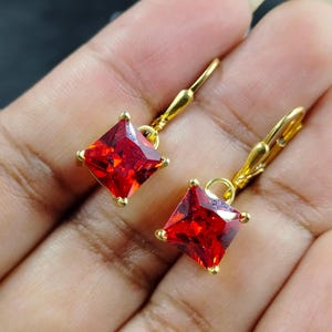 Garnet Lever Back Earrings, Dangle Earrings, Square Cut Garnet Earrings, January Birthstone Gift, 925 Sterling Silver, Women Delicate Gift