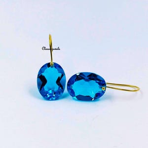 14K Gold Blue Topaz Dangle Earrings: Oval Statement Jewelry