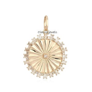 14k Yellow Gold Fluted Disc Diamond Charm Pendant: Handmade Jewelry Gift