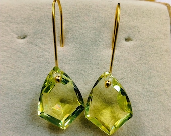 14K Gold Lemon Quartz Earrings: Kite Shape, November Birthstone