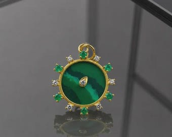 Handmade 14k Gold Malachite Pendant with Emerald & Diamond