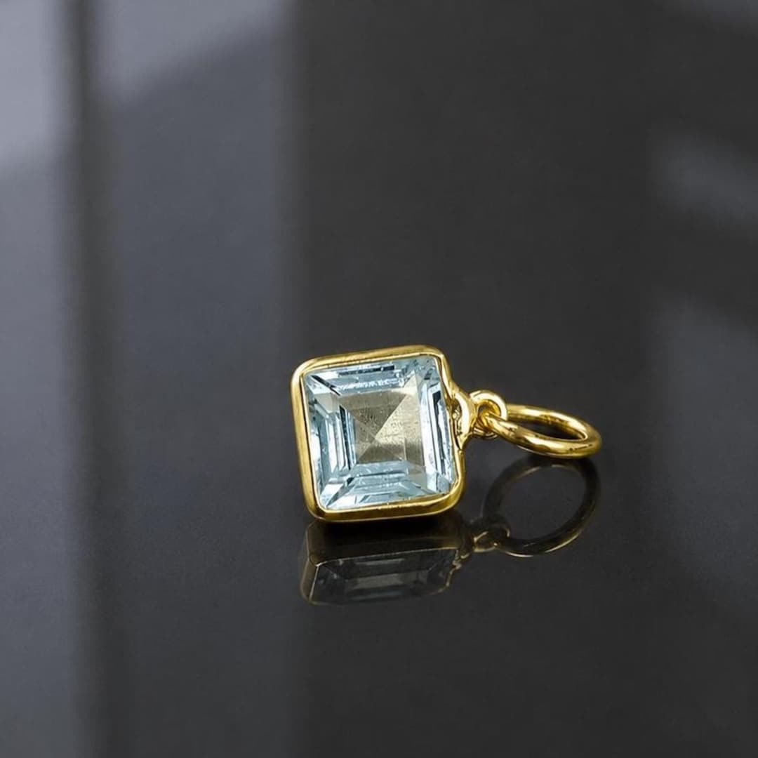 18Kソリッドゴールドアクアマリンチャーム、スクエアペンダント - Etsy