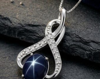 Colgante de zafiro estrella azul/Plata de ley/De azul real a azul oscuro/Zafiro estrella AAA/Colgante con dije de estrella Lindy/Collar vintage/Regalo