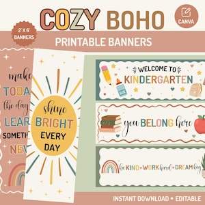以下が含まれることがあります： COZY BOHO、WELCOME TO KINDERGARTEN、SHINE BRIGHT EVERY DAY、YOU BELONG HERE、BE KIND WORK HARD DREAM BIGのテキストが書かれた61cm x 183cmの印刷可能なバナーセット。虹、太陽、リンゴ、本のイラストが含まれています。