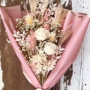 Pink and White Dried Flowers Bouquet, Pampas grass, Dry Boho Floral Arrangement, Rustic Natural and White and Pink Preserved Flowers, image 1