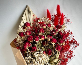 Red Mini Roses Dried Floral Bouquet, Reds and Neutrals Everlasting Flowers, Eucalyptus Palm Leaf  Babys Breath Gypsophila, Perfect Present