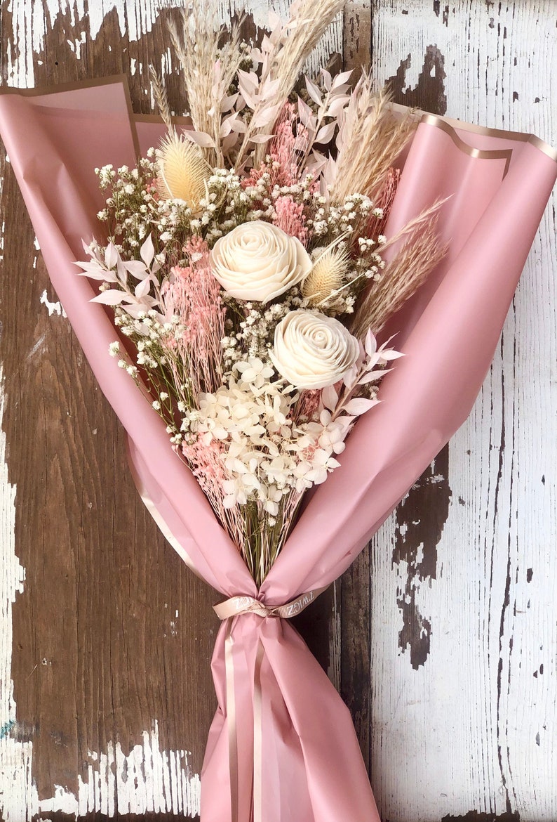 Pink and White Dried Flowers Bouquet, Pampas grass, Dry Boho Floral Arrangement, Rustic Natural and White and Pink Preserved Flowers, image 1