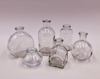 Little Glass Vintage Bud Vases, Tiny Clear Bottles, DIY, Set of 6 Mixed Display Bottles, Rustic Mini Jars, Wedding and Event Centerpieces