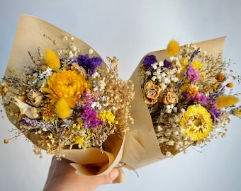 Petite Mini Colorful Dried Flower Bouquet, Dry Floral Yellow Purple Lavender, Natural Everlasting Dry Flower Arrangement, Cute Present