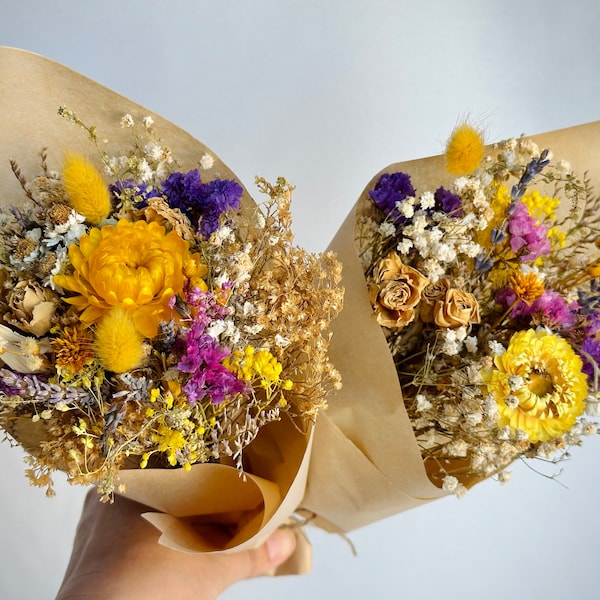 Petite Mini Colorful Dried Flower Bouquet, Dry Floral Yellow Purple Lavender, Natural Everlasting Dry Flower Arrangement, Cute Present