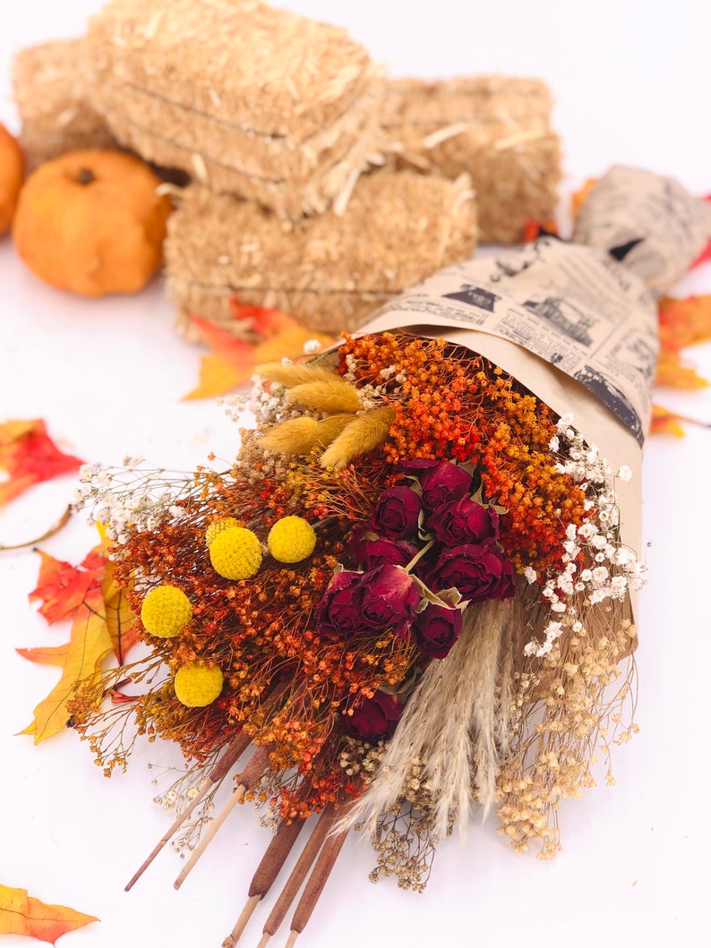 Autumn Dry Flowers Fall Bouquet, Everlasting Autumn Arrangement, Colorful Holiday Season 2023, Beautiful Thanksgiving, Home Decor image 2