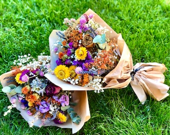 Dried Flower Bouquet, Dry Floral Arrangement, Purple, Pink, Yellow, Lavender, Eucalyptus, Gypsophila, Colorful Handmade Beautiful Bouquet,