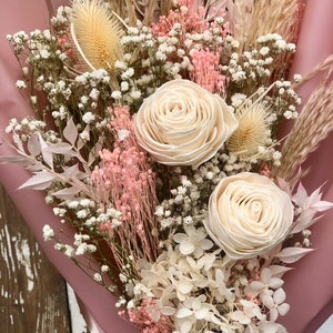 Pink and White Dried Flowers Bouquet, Pampas grass, Dry Boho Floral Arrangement, Rustic Natural and White and Pink Preserved Flowers, image 2