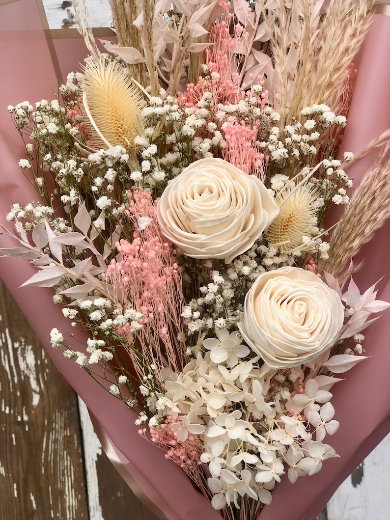 Pink and White Dried Flowers Bouquet, Pampas grass, Dry Boho Floral Arrangement, Rustic Natural and White and Pink Preserved Flowers, image 2