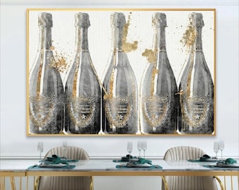 May include: A painting of five champagne bottles with gold accents on a white background. The bottles are arranged in a row and are all facing forward. The painting is framed in a gold frame.