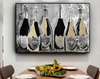 May include: A black and white abstract painting of six champagne bottles with gold accents. The bottles are arranged in a row and are partially obscured by a textured background.