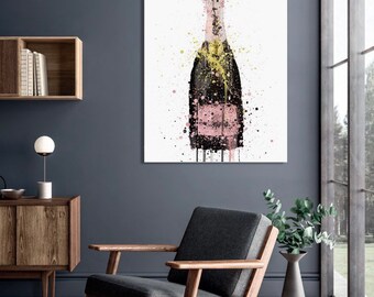 May include: A watercolour painting of a champagne bottle with pink and gold accents on a white background.