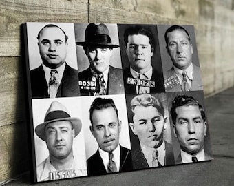 May include: Black and white mugshots of eight men, arranged in two rows of four. Each mugshot includes a number, likely a prisoner ID number. The men are all wearing suits and ties, and some are wearing hats.