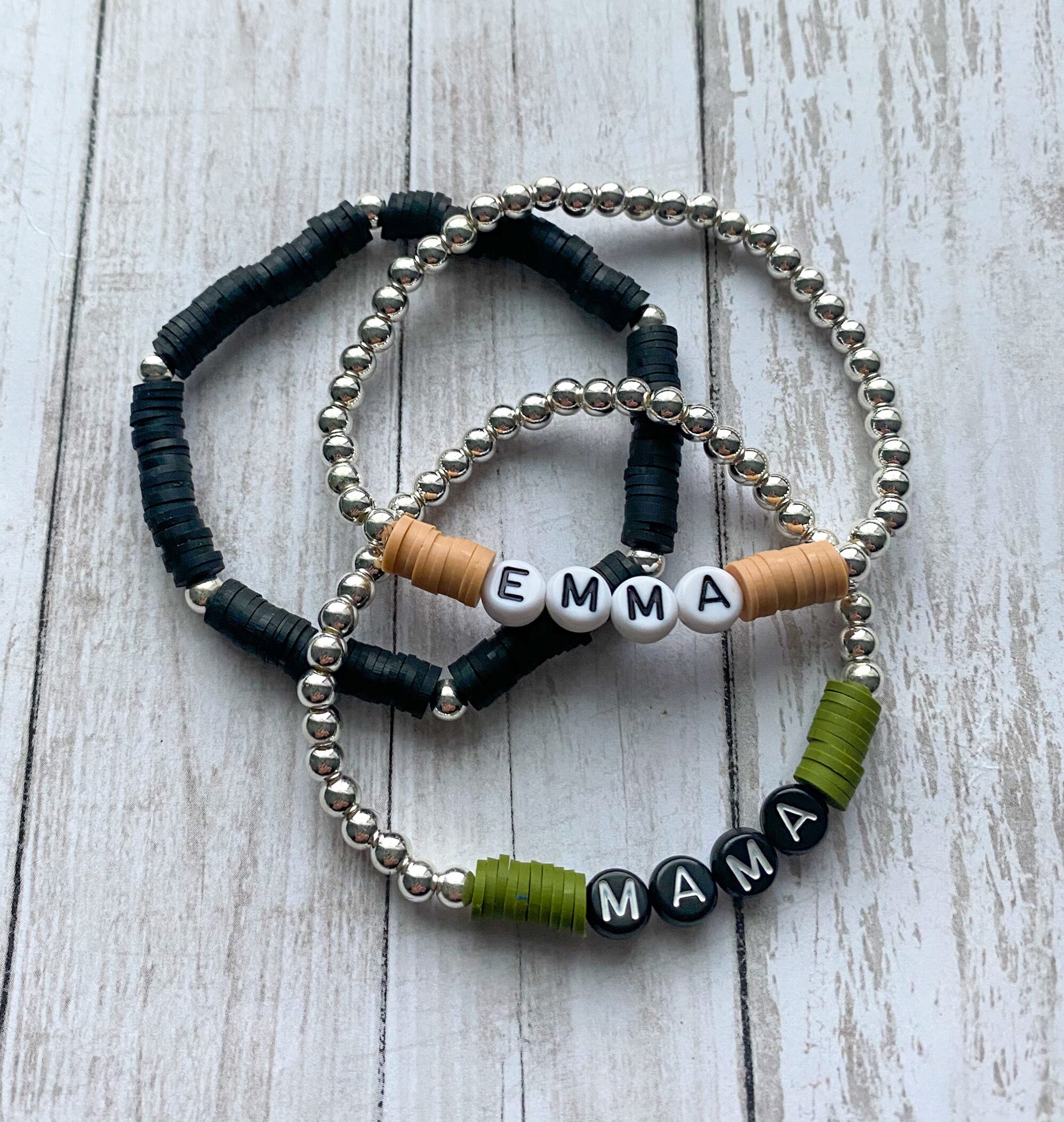 Silver Beaded Name Bracelet Heishi Bead Bracelet Letter Bead Etsy