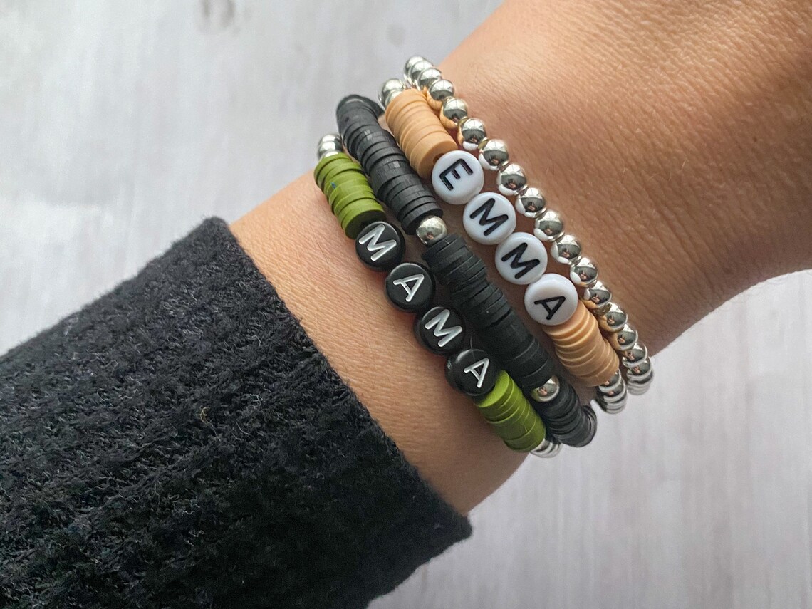 Silver Beaded Name Bracelet Heishi Name Bracelet Letter Bead Etsy